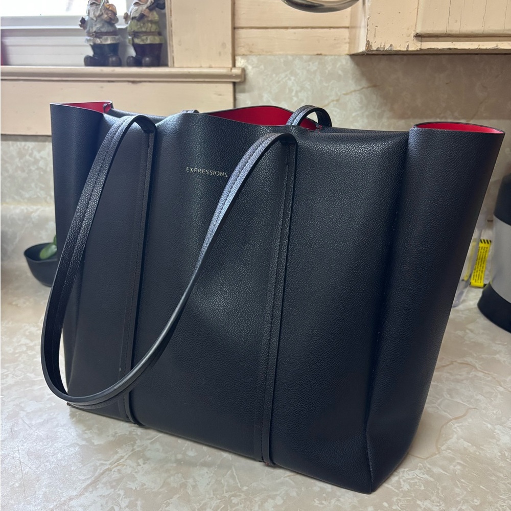 Expressions NYC Large Vegan Leather Tote Bag with Red Interior Lining